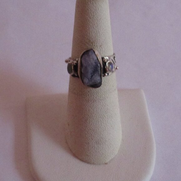 Tanzanite Rough Ethiopian Opal Sterling 925 Silver Ring - Picture 1 of 6